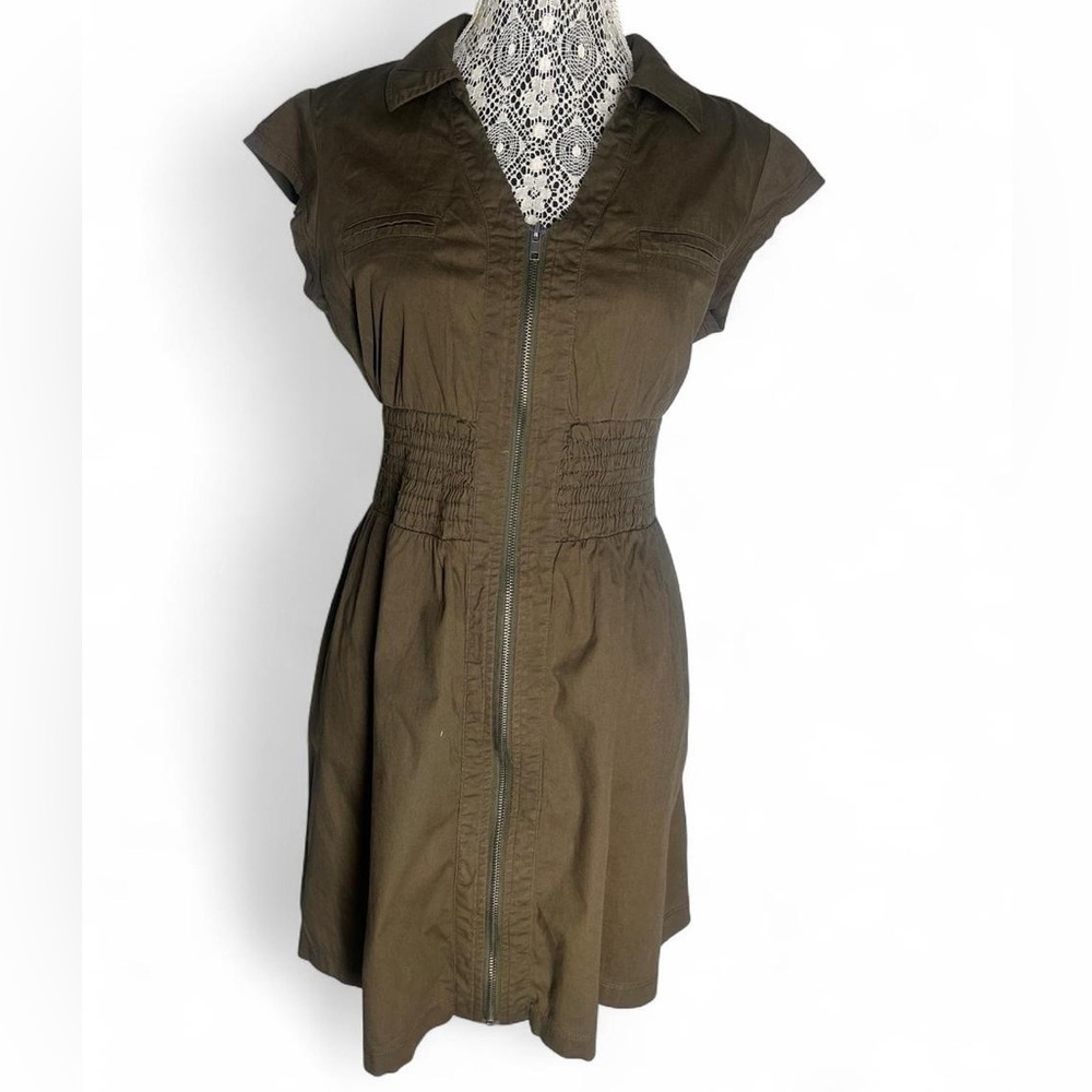 BeBop Olive Zip-Front Shirred Waist Mini Dress